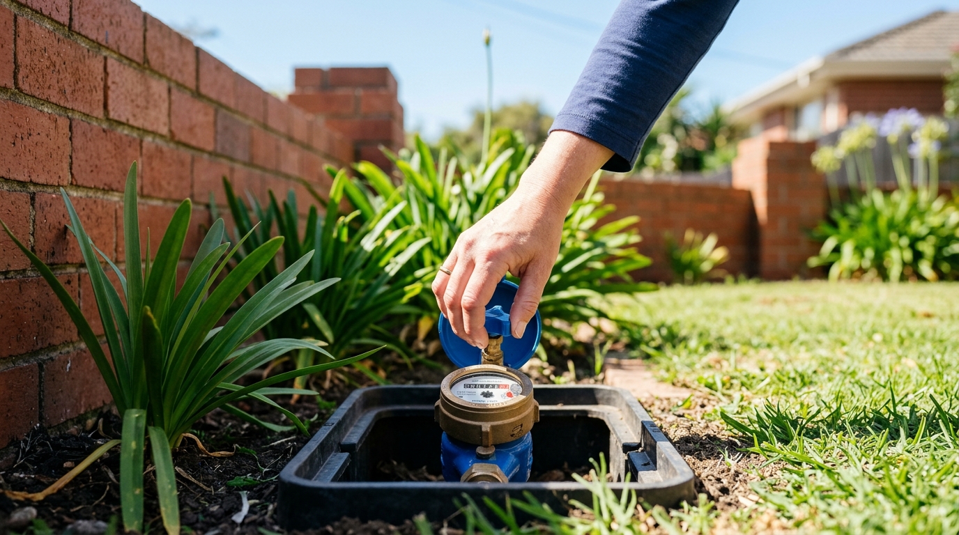 Hand turning off the water at a residential water meter near the front fence of a Bulleen home.