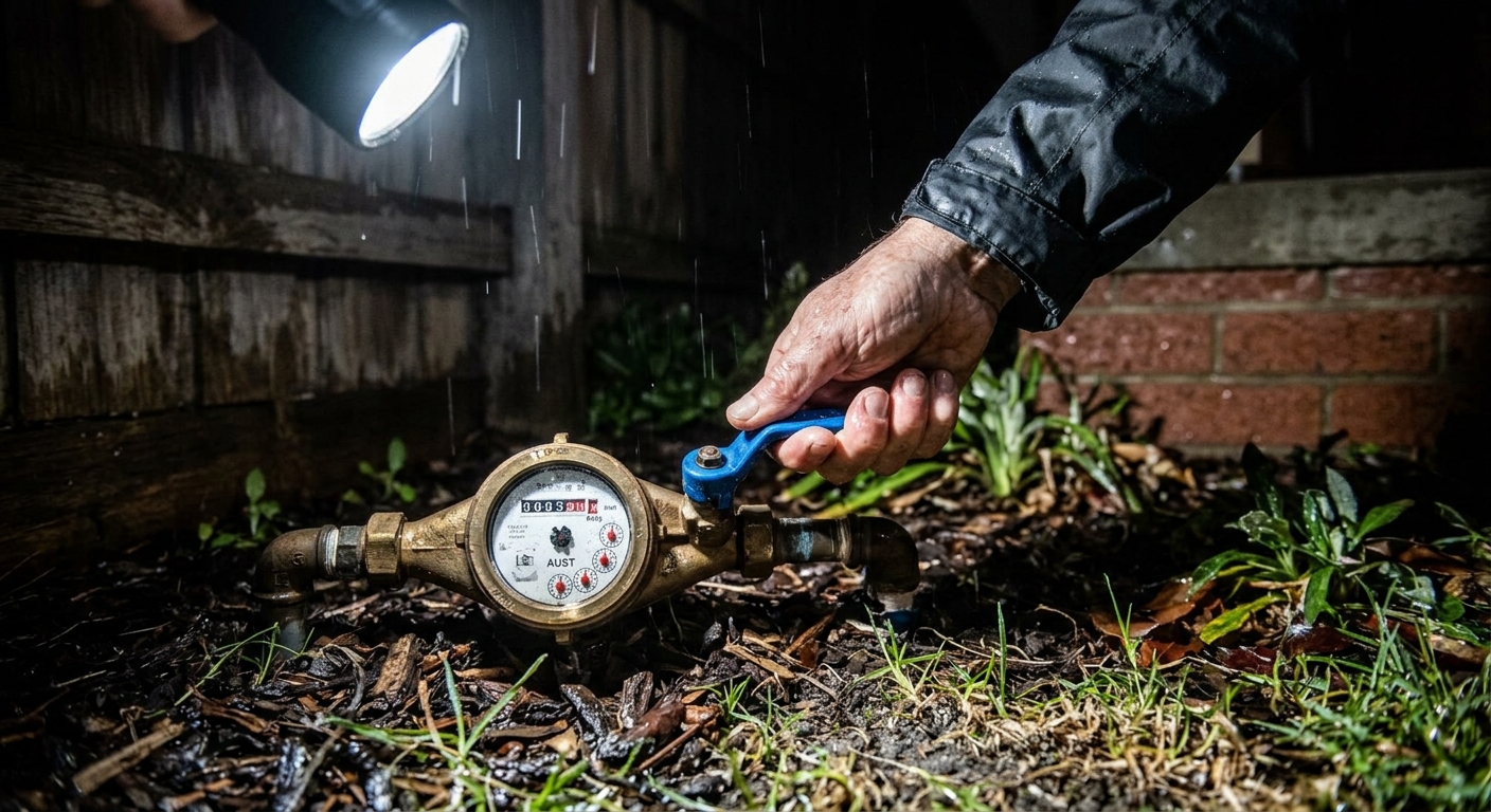 Hand turning off a household water meter by torchlight near a front fence in the rain